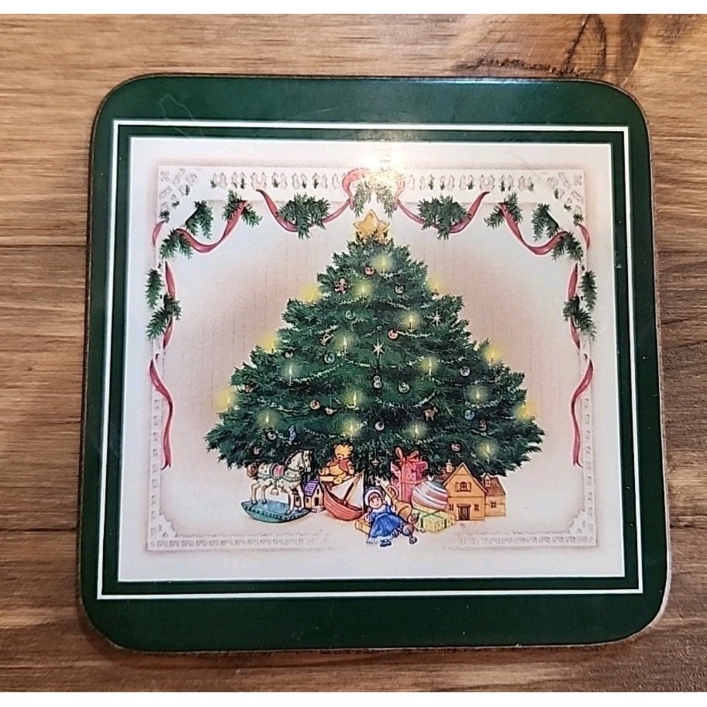 Set Of 6 Victorian Christmas Tree Coasters Cork Back‎ 4"